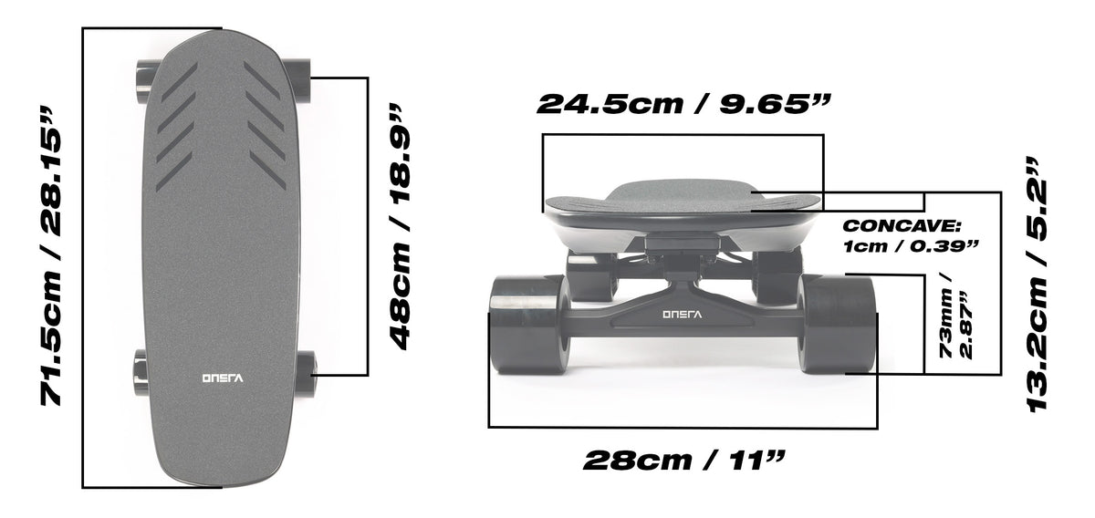 ZENO measurements: 71.5 cm long, 24.5 cm wide, 48 cm wheelbase