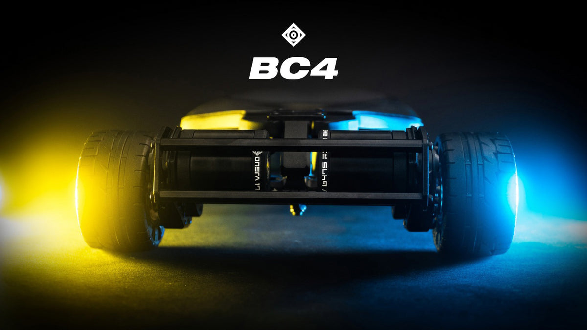 ONSRA BLACK Carve 4 electric longboard with yellow and blue lights