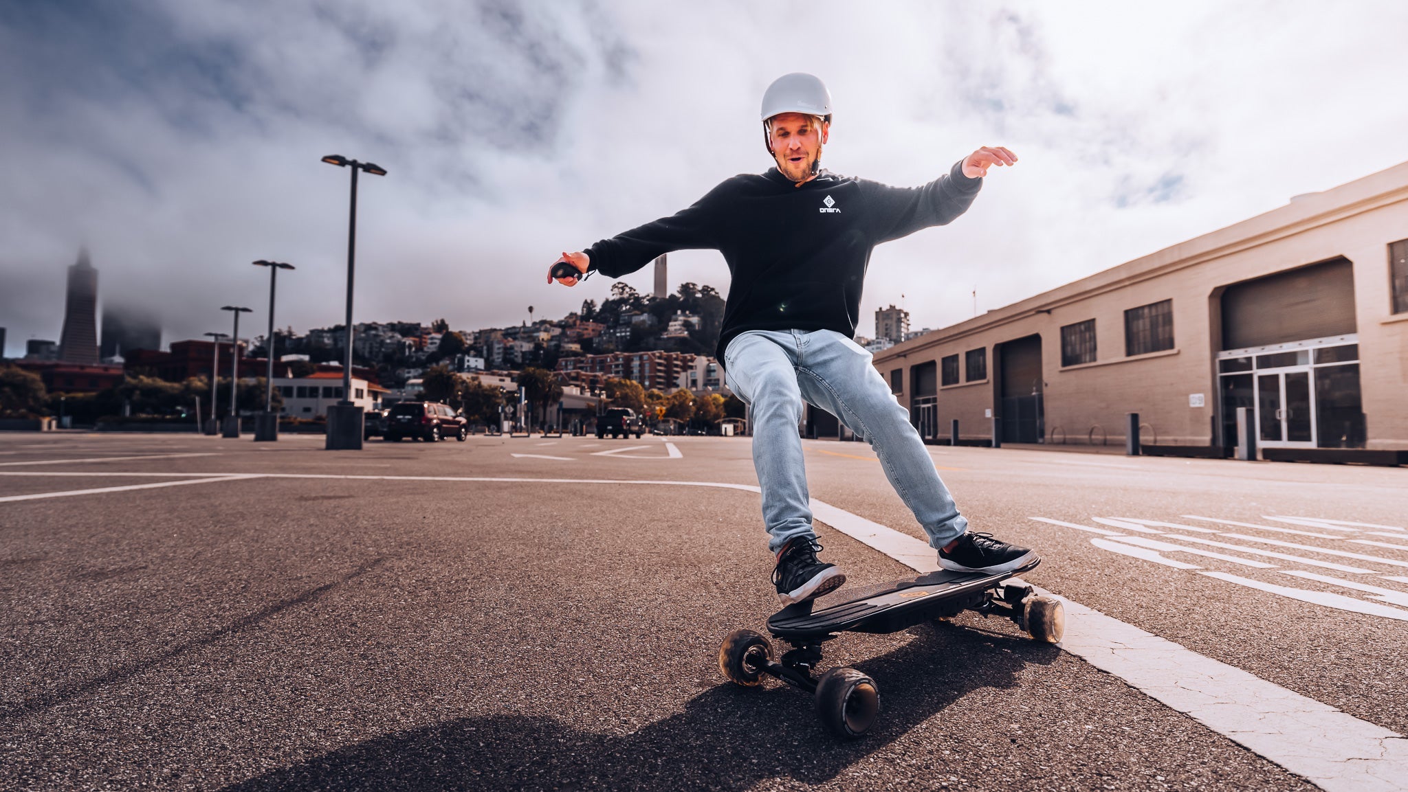 ONSRA Electric Skateboard riding safely on a quiet European road – recommended for private use, forest paths, and car-free areas.