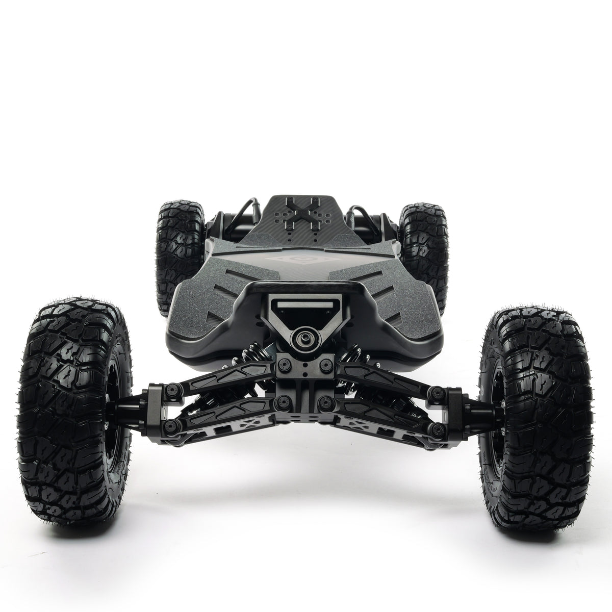 VELAR off-road electric longboard with full suspension, CNC-machined suspension trucks, and large all-terrain tires for a smooth and controlled ride over rough terrain.