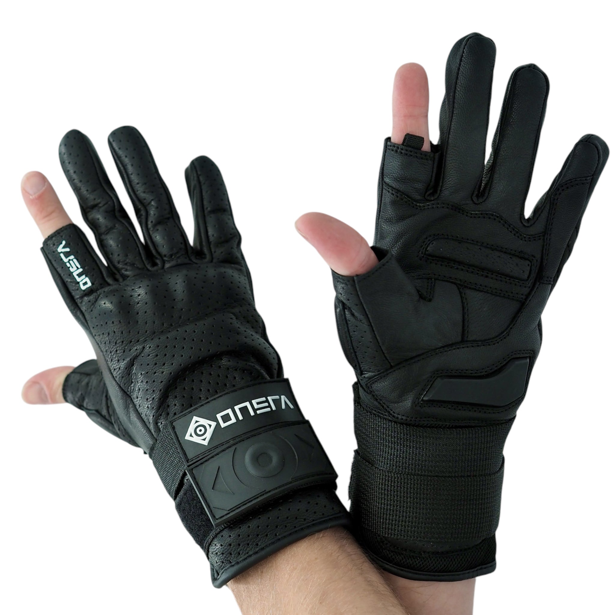 Protective gloves with half-cut thumb and index finger for electric skateboards.