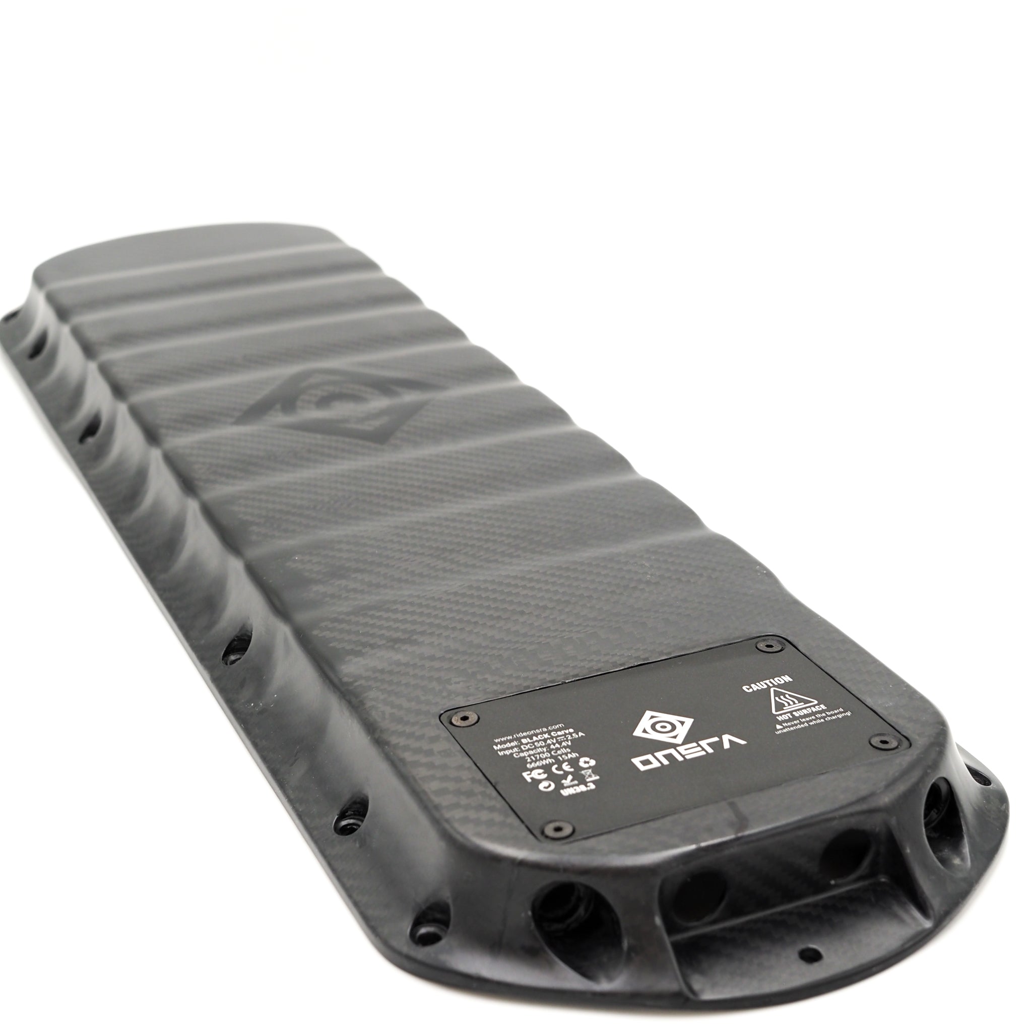 Carbon fiber electric skateboard battery enclosure compatible with ONSRA BLACK Carve 2, 3, and PRO decks – fits 12s3p and 13s DIY battery builds.