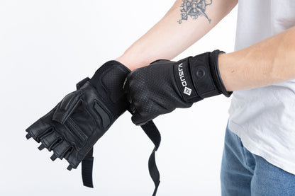 ONSRA Fingerless E-Skate Gloves with palm sliders, wrist protection, knuckle guards, and double wrist straps for electric skateboarders.